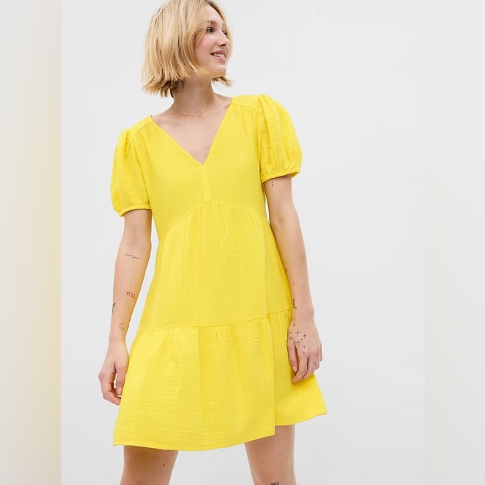 GAP Crinkle Gauze Puff Sleeve Tiered Mini Dress